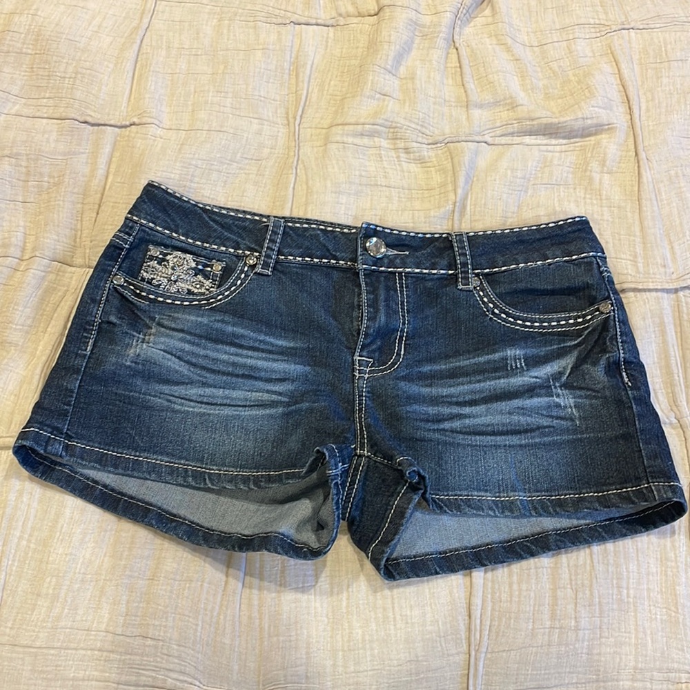 Papaya dark wash rhinestone jean shorts